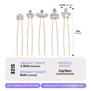 Set of 5 minimalist gold hair pins with sparkling rhinestones for daily hair styling
