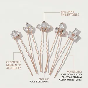 Five-piece set of rose gold wave hairpins with brilliant rhinestones in a geometric style
