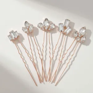 Five-piece rose gold U-shaped hair pins set with sparkling crystal rhinestones for buns