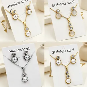 Ensemble De Bijoux En Acier Inoxydable Collier Pendentif Boucles Oreilles Pierre Oeil De Chat Et Zircone Pour Femme