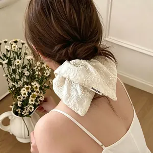 Elegant beige floral embroidery lace oversized scrunchie bow for bun hairstyles