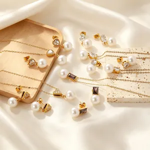 Elegant Jewelry Necklace And Stud Earrings Stainless Steel Zircon Heart Spliced Imitation Artificial Pearl Pendant Light Luxury Women