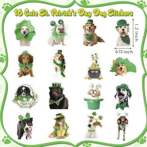 Set of 16 St. Patrick's Day dog stickers with cute green outfits, size 1.2 x 0.72 inches