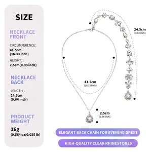 Guide des tailles pour collier de dos argenté avec strass et longue chaîne pour mariée