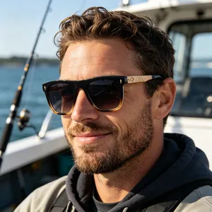 Close-up of polarized square sunglasses featuring golden embossed temple details on a boat