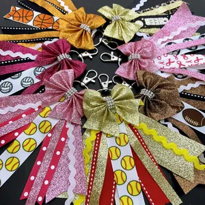 Cheerleading Sports Bowknot Keychain With Glitter Ribbon Rhinestone Basketball Volleyball Pattern Bag Charm Women Jewelry