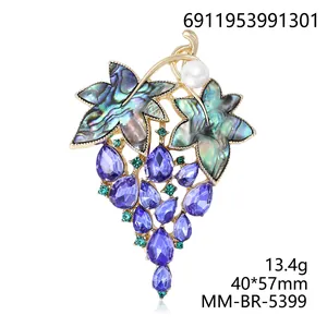 Elegant grape brooch featuring abalone shell leaves, purple crystals, and a white pearl