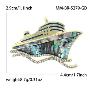 Modische Kreuzfahrtschiff-Brosche mit natürlicher Abalone-Muschel und Strass in Gold