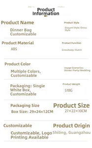 Detailed specifications of the acrylic evening clutch bag showing size 27x22x10cm and weight