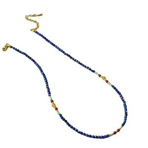 Lapis lazuli necklace with red agate beads and golden adjustable lobster clasp