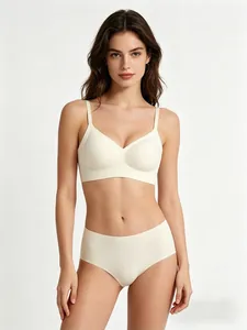 Seamless cream wireless bra and panties set with soft jelly strip support for women