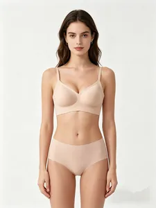 Detail view of seamless nude bra set with wireless design and high-stretch fabric