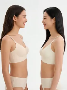 Detail view of seamless beige wireless bra and panty set with soft jelly strip support