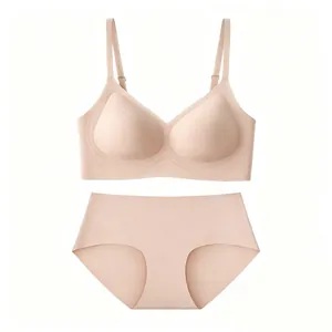 Seamless wireless bra set with jelly strip support and matching panties in beige nude color