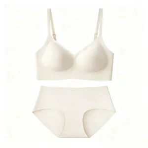 Detail of seamless beige lingerie set featuring soft jelly strip support and smooth fabric
