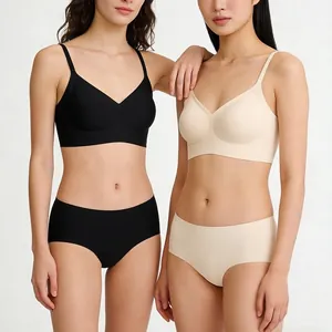 Seamless V-neck wireless bra and panty set in black and beige stretchy fabric