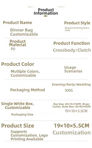 Detailed size specifications for women's evening bag measuring 19x10x5.5cm in size