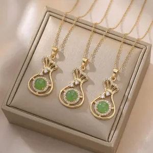 Geldbeutel Anhänger Halskette Vergoldeter Edelstahl Grüner Katzenaugenstein Zirkonia Glücksbringer Frauen Schmuck