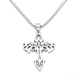Punk style stainless steel cross pendant necklace with hollow flame patterns and curb chain