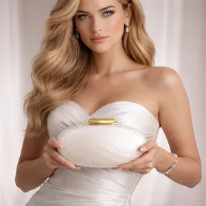 Detail of elegant shell-textured acrylic clutch bag with a sleek gold metal fastener