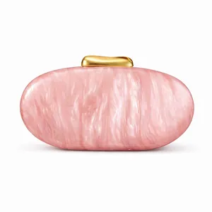 Chic pink marble pattern acrylic shell clutch bag with a sleek gold metal clasp lock