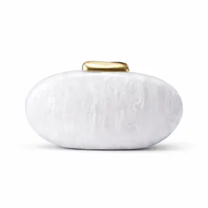 Elegant white marble acrylic shell evening clutch with luxury gold metal clasp for women