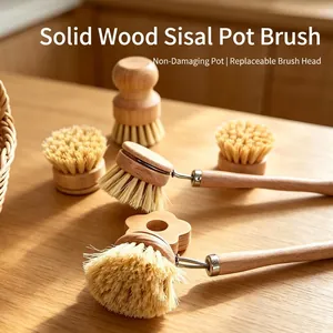 Sustainable wooden kitchen brush set with sisal bristles and replaceable heads