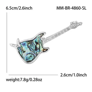 Silver alloy guitar brooch with abalone shell inlay and rhinestone butterfly detail
