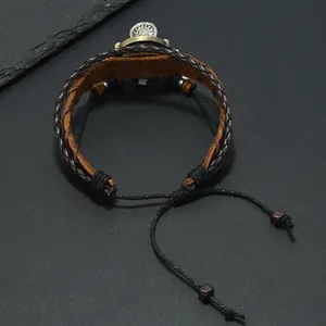 Retro multi-layer brown leather bracelet with antique bronze accents and wooden beads