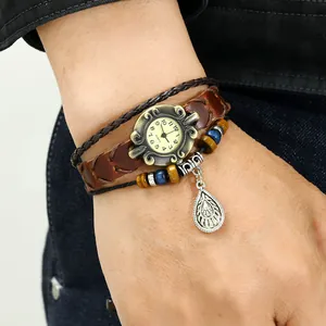 Retro quartz leather watch with multilayer woven ropes and bronze engraved case