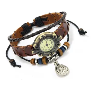 Vintage Punk Genuine Leather Bracelet Watch For Men Handmade Braided Cowhide Quartz Wristwatch With Wood Beads Metal Pendant