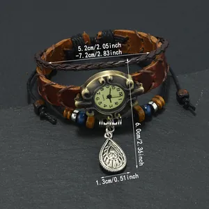 Retro punk style men's quartz watch with adjustable brown leather strap and metal charms