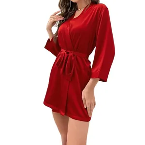 Elegant red satin short bathrobe for women with adjustable waist tie and long wide sleeves