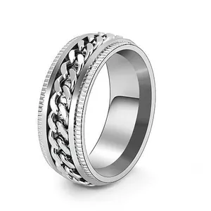 Rotating stainless steel fidget ring for men featuring an embedded Cuban chain link design