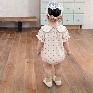 Baby girl summer polka dot romper with Peter Pan collar and matching accessories set