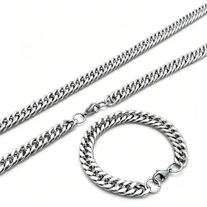 Ensemble collier et bracelet en maille gourmette en acier titane argenté pour hommes