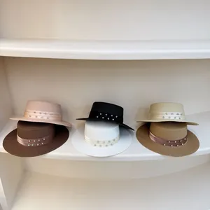 Sombrero de Paja Boater Retro de Copa Plana para Mujer con Diamantes de Imitación Playa Verano Sombrero de Sol Cinta de Satén
