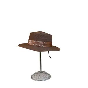 Sombrero de paja marrón oscuro con cinta de pedrería y cordón para playa y vacaciones