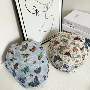 Retro jacquard flat cap with butterfly embroidery and vintage floral tapestry pattern