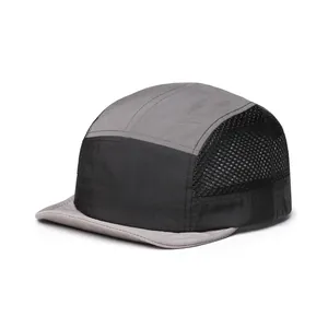 Detail of multi-color five-panel camper hat featuring breathable mesh sides for outdoors