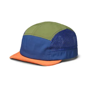 Side view of multi-color 5-panel cap featuring blue mesh panels and flat orange brim