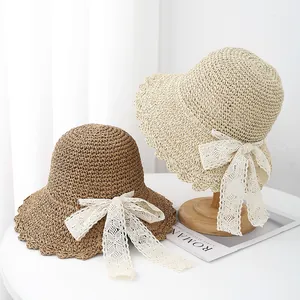 Women Hand-Woven Straw Sun Hat Wide Brim Wavy Edge Lace Bow Foldable Beach Hat For Summer Travel Chic Sweet Sunshade Hat