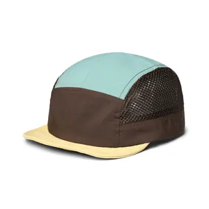 Detail of color-block 5-panel outdoor cap showing breathable mesh side and stitching