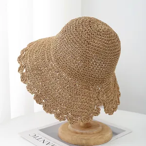 Handmade foldable straw sun hat with scallop wave brim for women beach vacation