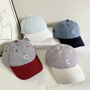 Striped Cotton Baseball Cap Letter C Embroidery Korean Style Soft Top Sun Protection Hat For Women Outdoor Travel Accessory