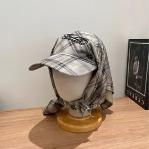 Plaid Headscarf Hat For Women Men Cotton Blend Plaid Sunscreen Hat With Letter Embroidery Neck Tie Casual Retro Turban Hat