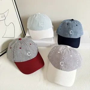 Striped cotton baseball cap with C embroidery and color-blocking design for sun protection