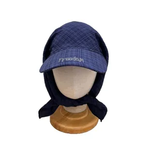 Dark blue plaid headscarf hat with Freedom embroidery and adjustable chin straps