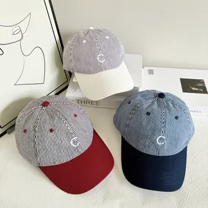 Striped soft top baseball cap with letter C embroidery and contrasting sun visor