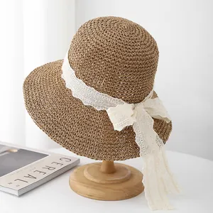Sombrero de paja con ala ancha y lazo de encaje para mujer, elegante protector solar playa
